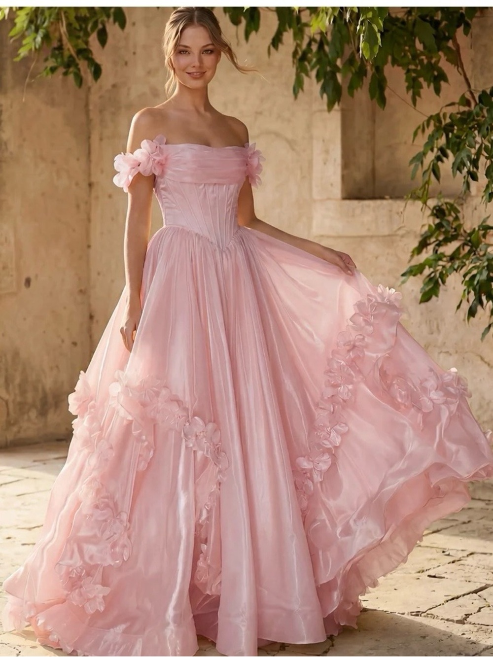 Off-Shoulder Pink Ball Gown Dress with Floral Appliqués